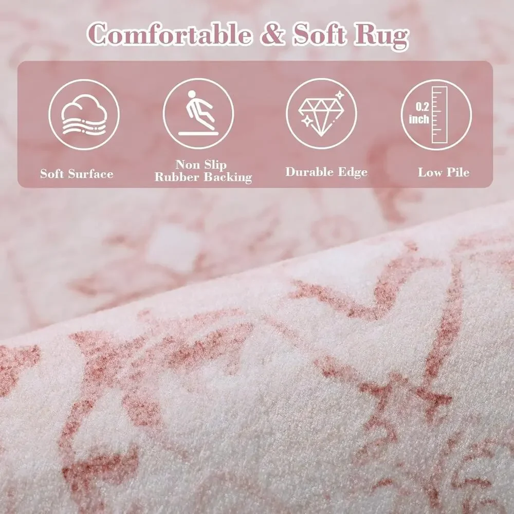 Pink 2x6 Runner Rug for Hallways Bed Side Kitchen, Boho Washable Distressed Low-
